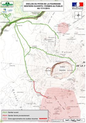 Carte des sentiers ouverts au public au volcan au 17 novembre 2015