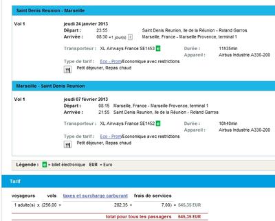 Capture d'écran de notre simulation de réservation sur le site de XL Airways